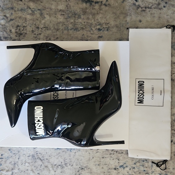 Moschino Shoes - Moschino Patent Leather Pointed Toe Stiletto Boot – Black, 36.5